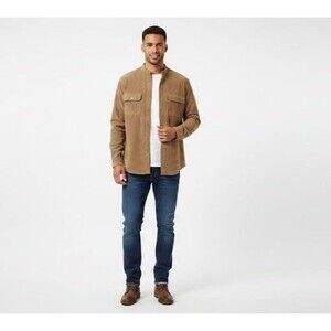 Van Heusen Men's Soft Suede Button-Up Shirt Shacket Stand Up Collar Camel Sz M